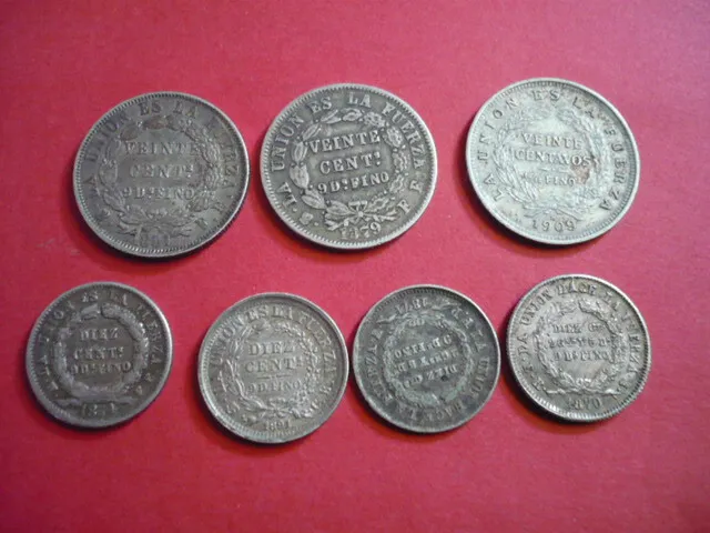 Lot  3 x 20 und 4 x 10 Centavos, Bolivien, 1870 - 1909, Silber