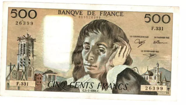 Billet de 500 Francs Pascal du 3 1991 TTB/TTB+ BON ETAT trace de rouille legere