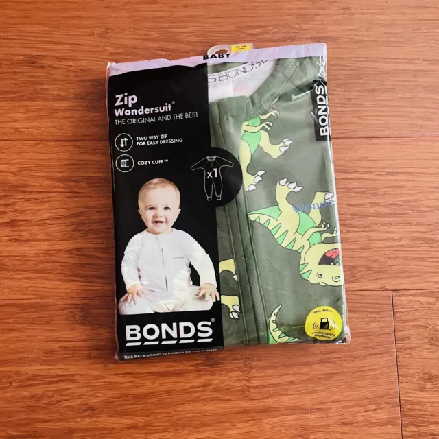 Bonds Baby Green Dinosaur T-Rex Long Sleeve Zip Wondersuit BNIP Size 2 Zippy