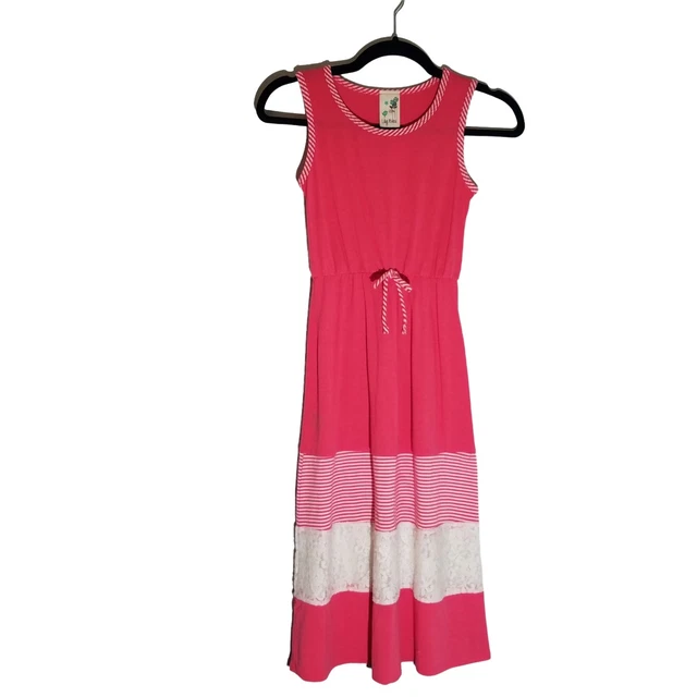 Lily Bleu Pink Striped Block Lace Cinched waist maxi Sundress Sleeveless Girl's