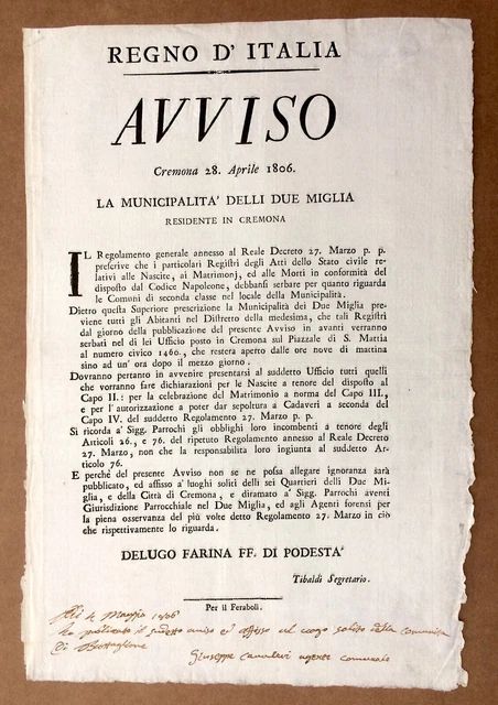 1806 Editto DUE MIGLIA Cremona Registri Stato civile FARINA Tibaldi