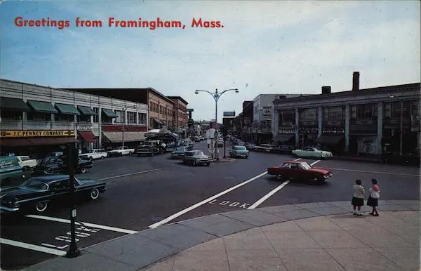 Greetings from Framingham,Mass.,MA Middlesex County Massachusetts Postcard