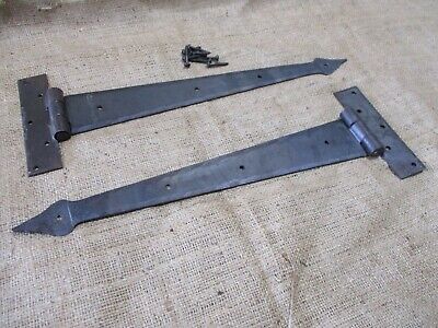 2 LARGE Strap T Hinges 15" Tee Hand Forged In Fire Barn Rustic Medieval Iron 2