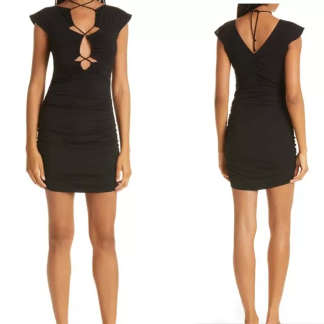 NWT NICOLE MILLER Womens Strappy Cutout Mini Dress M Black Ruched Bodycon Knit