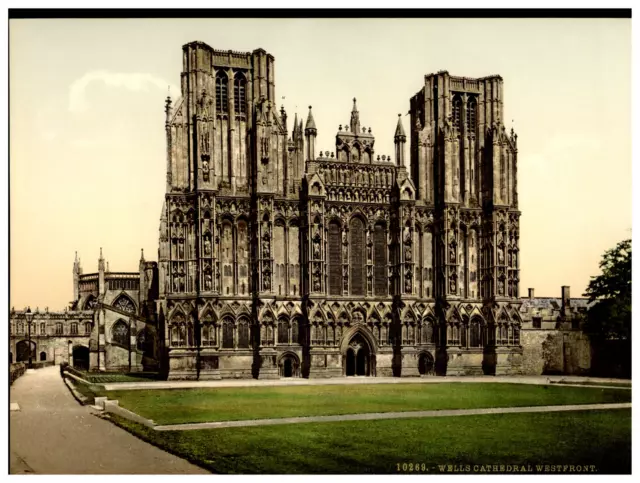 Angleterre. Wells. Cathedral. West front. Vintage photochrom by P.Z, Photochrom
