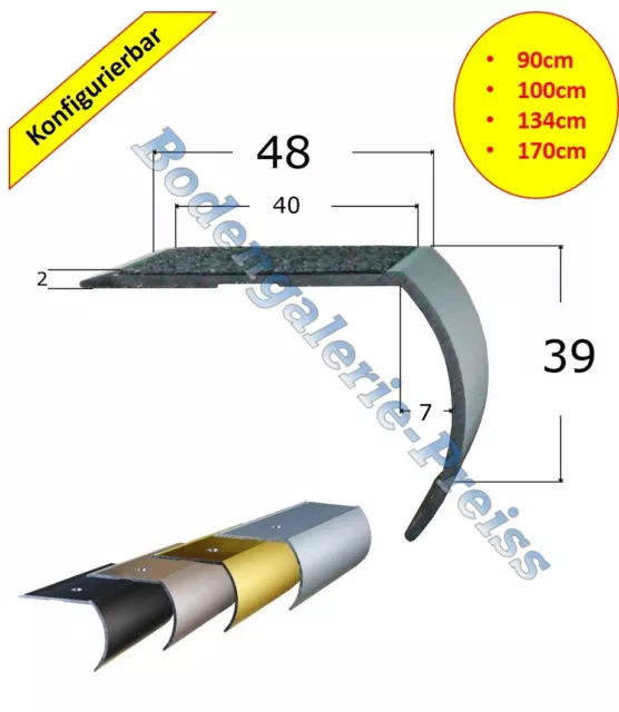 48x39mm •90-170cm •Kombi-Treppenkantenprofil ALU RUND mit Anti Rutscheinlage