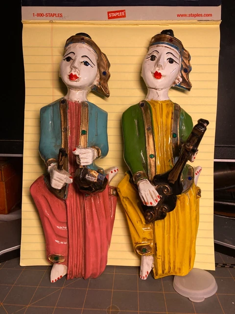 Lot of 2 Vintage Wooden Burmese Temple Musician Figures Wooden Figures