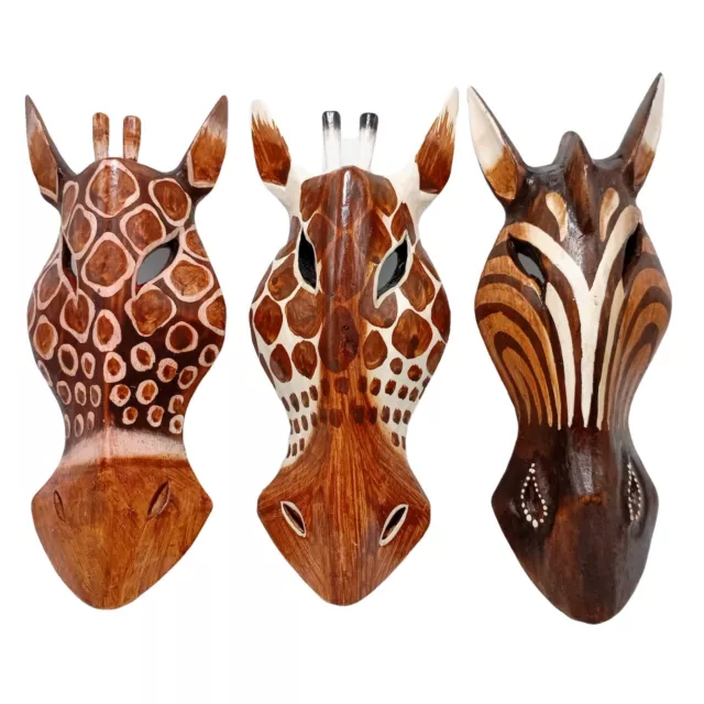Máscaras de madera para safari animal caballo cebra jirafa tallada decoración de pared colgante de 10 pulgadas