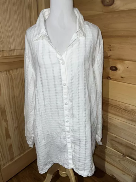 EILEEN FISHER Woman Full Button White Tunic Irish Linen Textured Size 2X