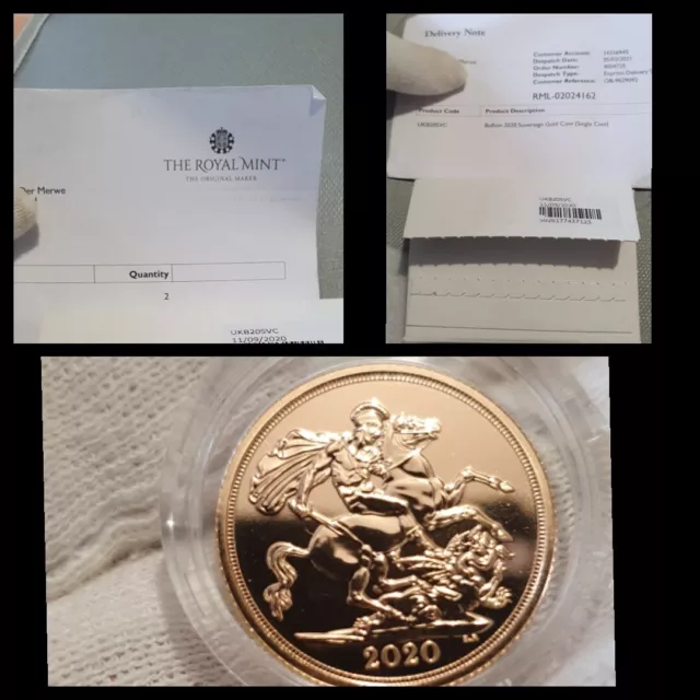 2020 Gold Sovereign, Queen elizabeth II, 22 carat gold full sovereign. Paperwork