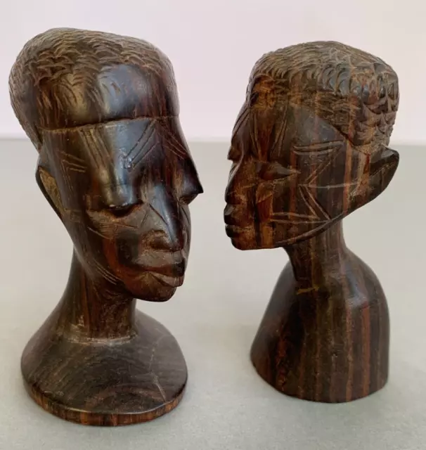 Vintage African Makonde Chess Pieces Carvings Heads Wood Bust Face Figures MCM