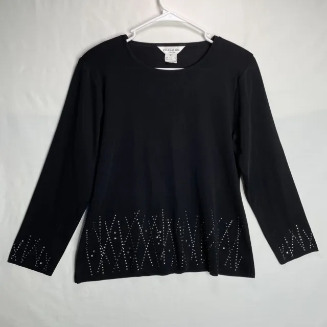 Exclusively Misook Petite M Black Rhinestones Long Sleeve Blouse Round Neck Top