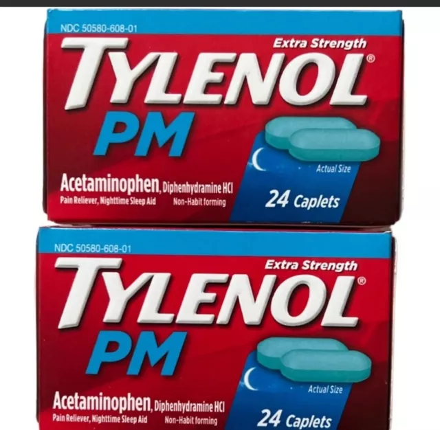 LOT 2 Tylenol PM Extra Strength Pain Reliever Sleep Aid Caplets, 24ct Exp: 02/24