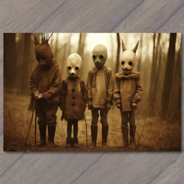 POSTCARD Weird Creepy Vintage Masks Horns Cult Unusual Group Kids Fall 💀