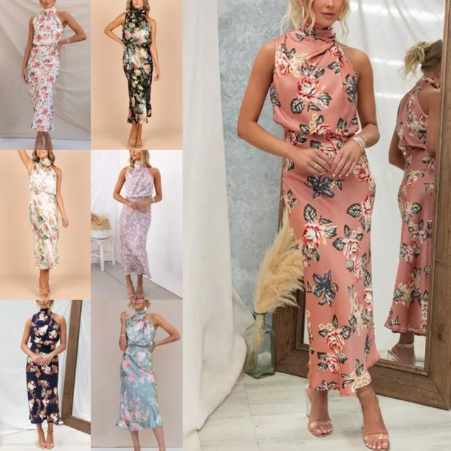 Women Satin Silk Halter Floral Maxi Dress Ladies Sexy Slim Ball Gown Party Dress