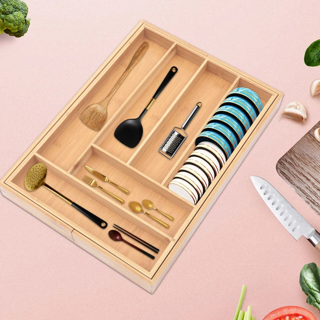 Cubiertos extensibles cajón para plato, palillos, tenedores almacenamiento bambú