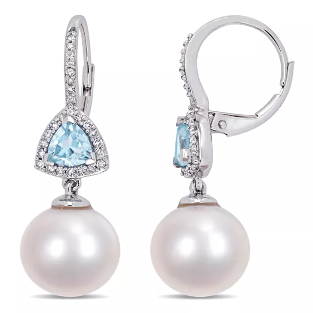 Amour 10k White Gold Cultured Freshwater Pearl Diamond Blue Topaz Drop Earrings
