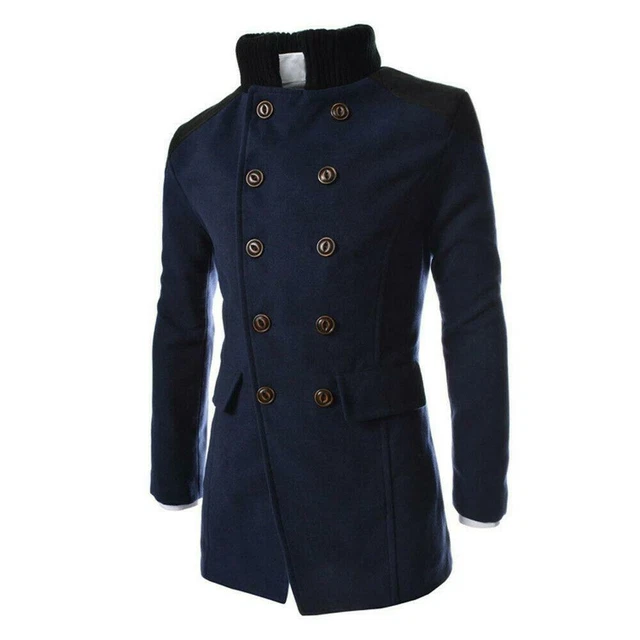 Mens Winter Woolen Long Jacket Trench Coat Double Breasted Warm Overcoat Outwear 10