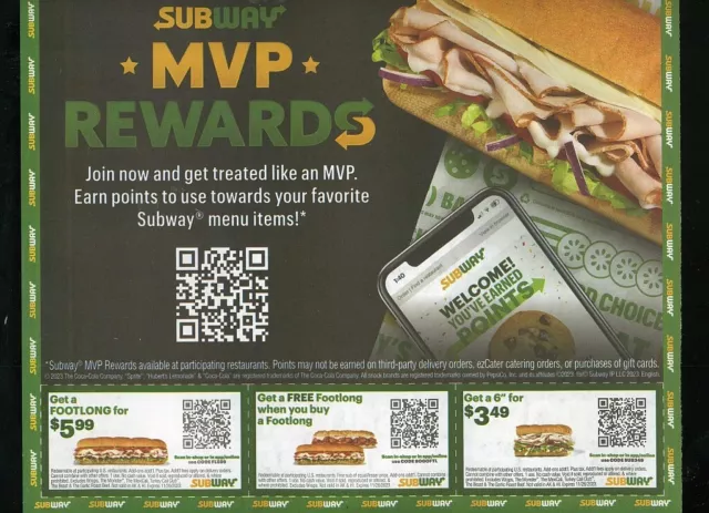 28 Subway Coupons - 2 Sheets - Exp Nov 11/26/23 - Valid Nationwide Ships  Today