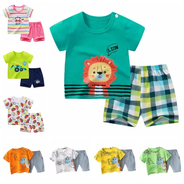2Pcs Toddler Baby Boys Girls Summer Casual Outfits Cartoon Top Denim Shorts Set