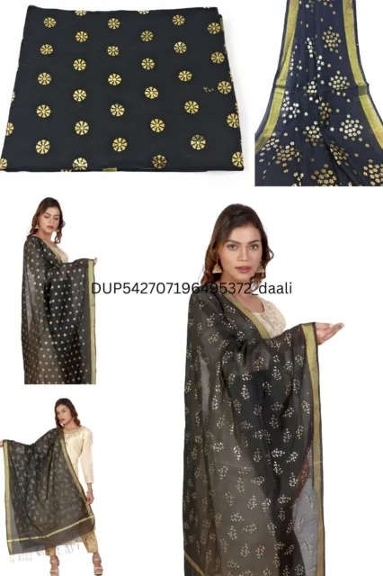 Black Dupatta Indian Chunni Scarf Shawl Pakistani Gold Foil Print Chanderi