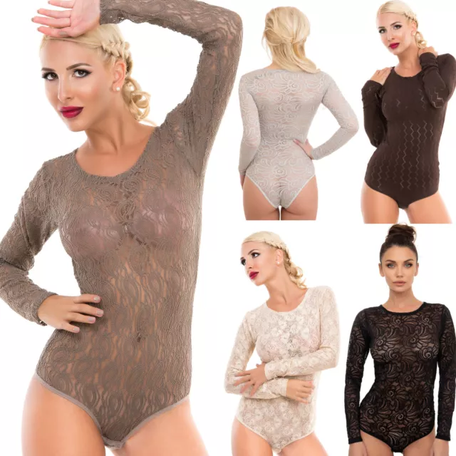 Evoni Damen Body Bodysuit mit Rundhals Langarmbody Spitze