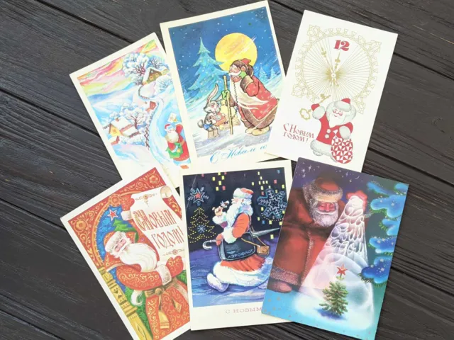 Vintage Christmas Cards 6 pcs Russian Santa New Year Soviet USSR postcard