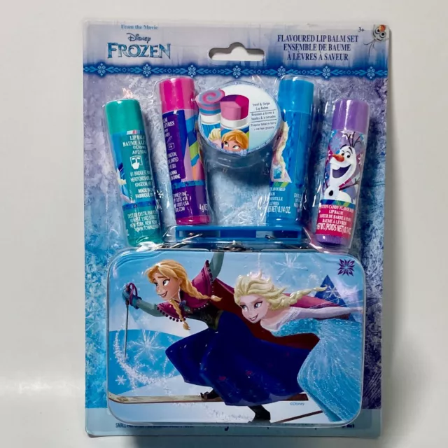 Disney Frozen Elsa & Anna Lip Balm Set Tin Carry Case 4 Flavored Lip Balm