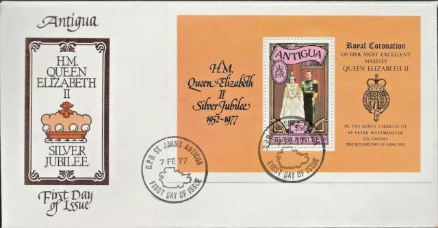 7/2/1977 Antigua -Qeii Silver Jubilee- $5 Miniature Sheet Official Fdc