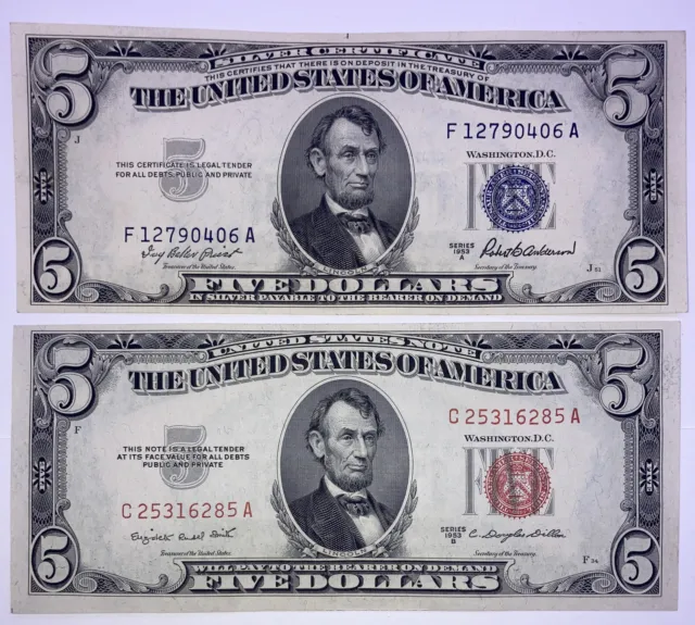 1953 ($5) Five Dollar Red Seal Note 1953 ($5) Five Dollar Blue Seal Note