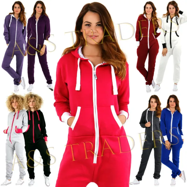 New Ladies Long Sleeve Plain Full Jumpsuit Women's One PC Hooded Zip Up Playsuit