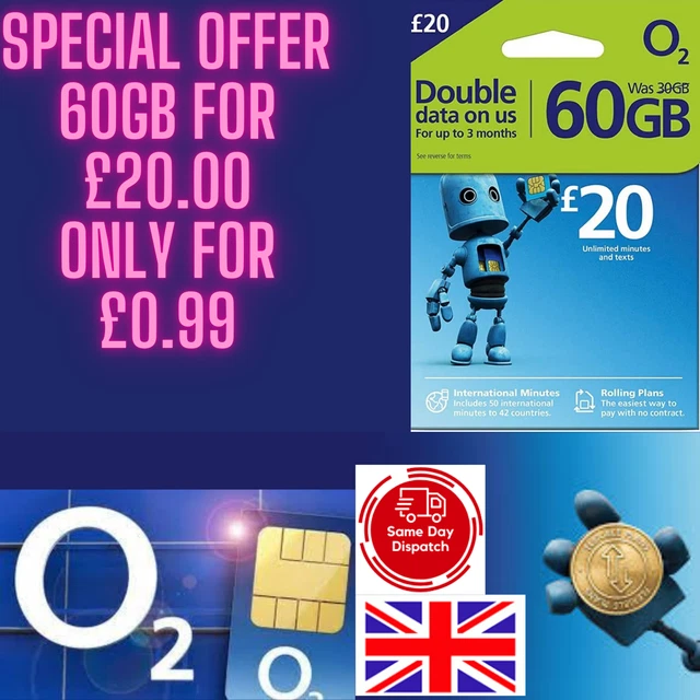 NEW,O2 Pay As You Go Sim Card £20 Bundle PAYG 60GB DATA & Unlimited Calls&Texts