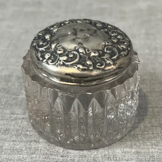 Ornate Lady's Floral Repousse Sterling Top Cut Glass Vanity Jar