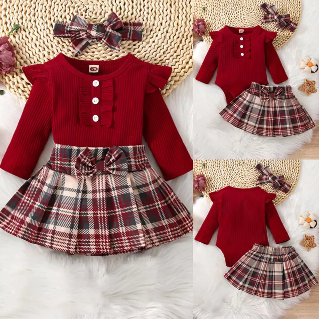 Christmas Baby Girls Bow Check Romper Tops Skirt Dress Outfits Party Clothes Set