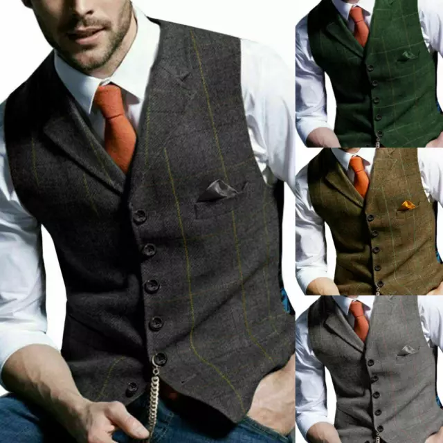 Men Retro Tweed Waistcoat Wool Blend Formal Plaid Herringbone Suit Vest Slim Fit