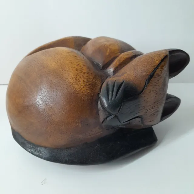 Vintage Hand Carved Wooden Solid Curled up Sleeping Siamese Cat  Figurine 8” Dia