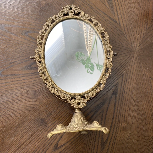 VTG ORNATE BRASS Tilting Vanity Stand Mirror Swivel Metal Victorian