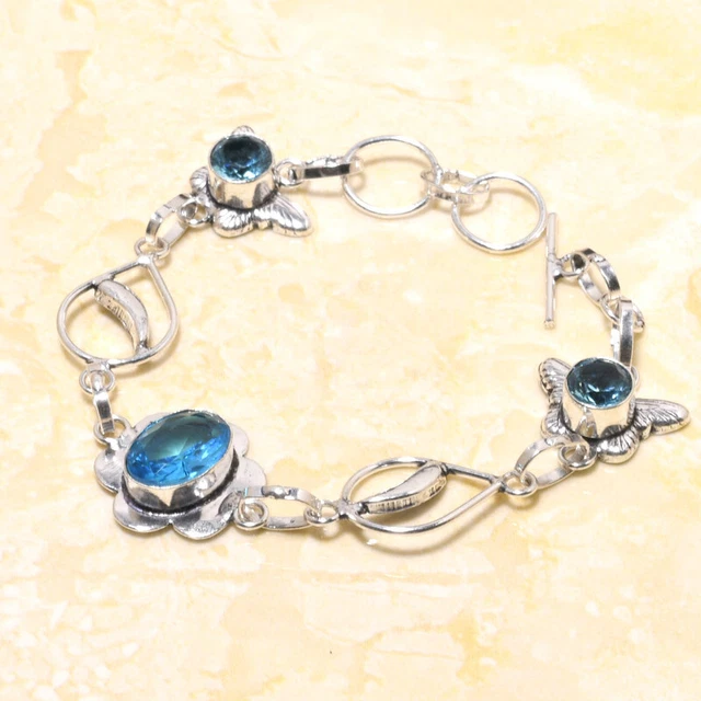 Swiss Blue Topaz Gemstone Handmade Gift Jewelry Bracelet 7-8" s277