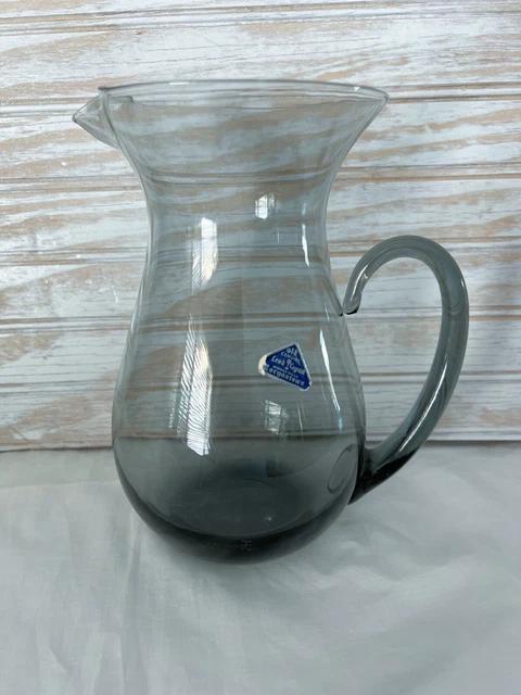 Vintage Morgantown Lead Crystal Glass Pitcher MCM ￼Smoke Gray Normandie 44oz