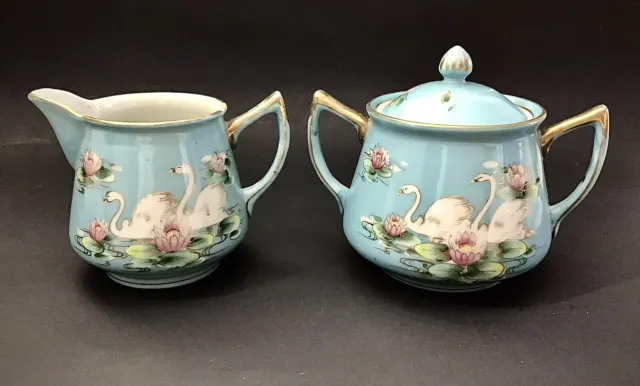 Antique Nippon Porcelain Sugar & Creamer Set -  Blue w/ Swans  & Water Lilies.