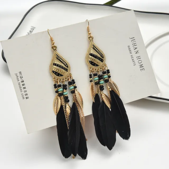 Fine Feather Beaded Earrings Fringe Tassel Bohemian Ethnic Dangle Drop Handmade