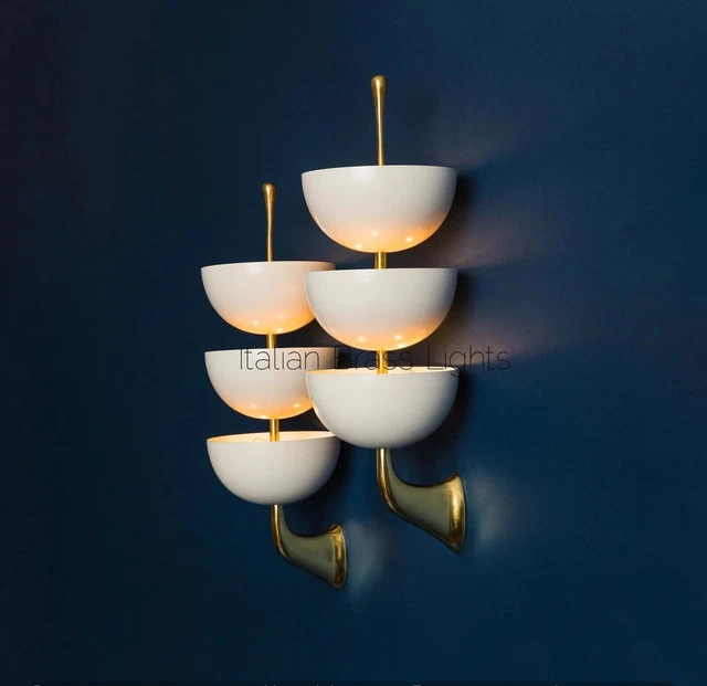 1950's Mid Century Pair Antique Brass White Wall Scone Industrial Diabolo Orb