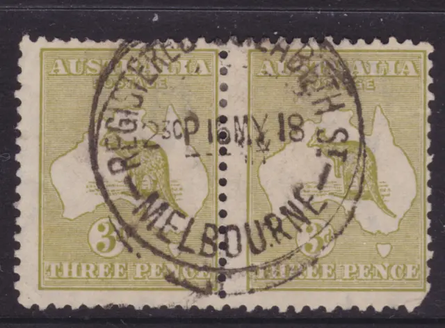 KANGAROO 1918 3d Yellow-Olive 3rd WMK PAIR ELIZABETH ST VIC PMK SG 37 (NC41)