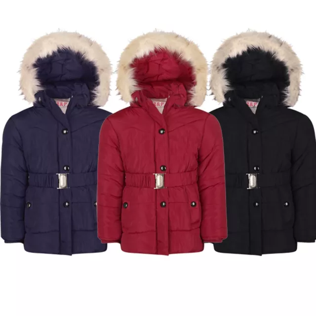 Girls Belted Winter Jacket Padded Cuffs Hood Coat Zip Snap Fastening 5-14 Years