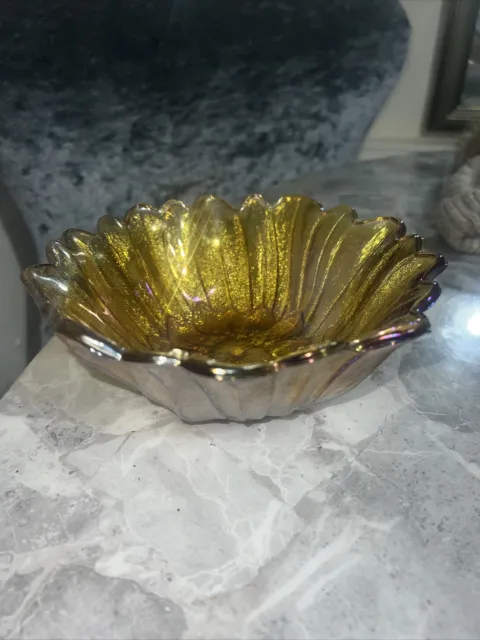 Vintage Carnival Glass Bowl Lily Pons Sunflower Marigold Iridescent MCM Indiana