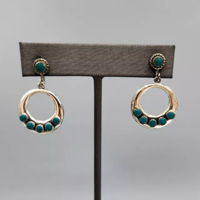 Vintage Native American Turquoise Sterling Silver Drop Hoop Screw Back Earrings