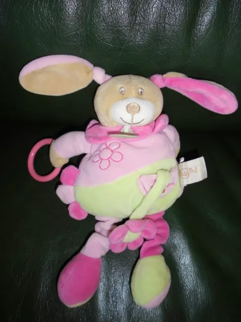 Doudou Peluche Babynat Lapin d'Activités  Vert Et Rose  Anneau Fleur