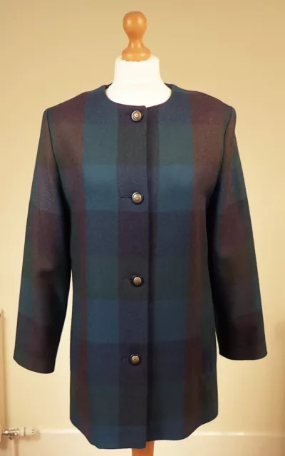Avoca Size UK IRL 14 EU 40 Pure New Wool Check Long Line Boxy Jacket Blue Green