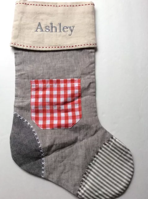 POTTERY BARN  CHRISTMAS  STOCKING Grey Linen Monogrammed *ASHLEY* NEW