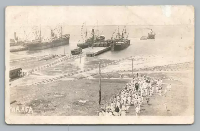 Boater Hat Group at Boat Landing ~ Tarafa Cuba RPPC Antique Photo Postcard 1928